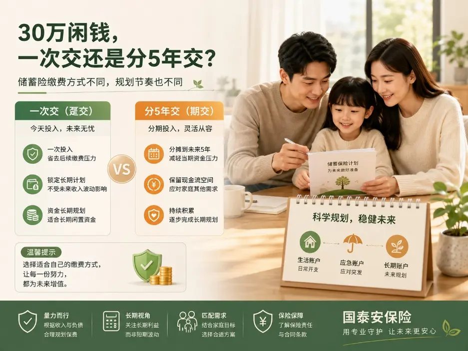 手里有30万元闲钱,储蓄险一次交完还是分5年交?区别不只是“早交晚交”(图1) 手里有30万元闲钱,储蓄险一次交完还是分5年交?区别不只是“早交晚交”(图1)